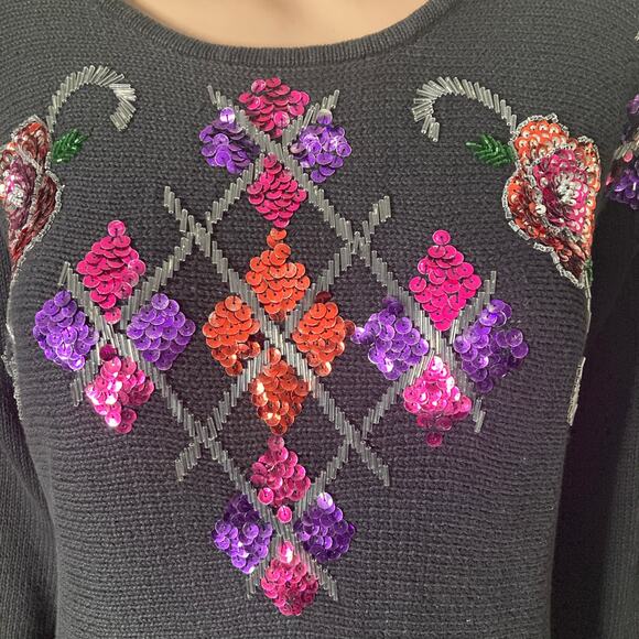 Vintage Victoria Jones Christmas Sweater Womens Sm Black Purple Beaded Sequins - Picture 7 of 13